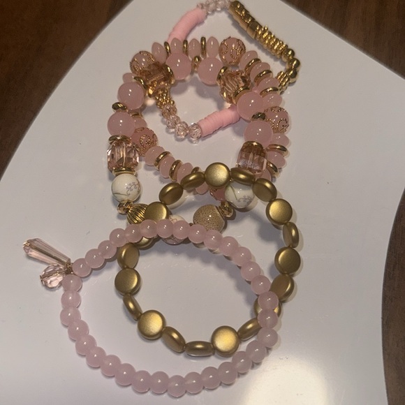 Jewelry - Charmed Stacked Pink and Gold Beaded Bracelets